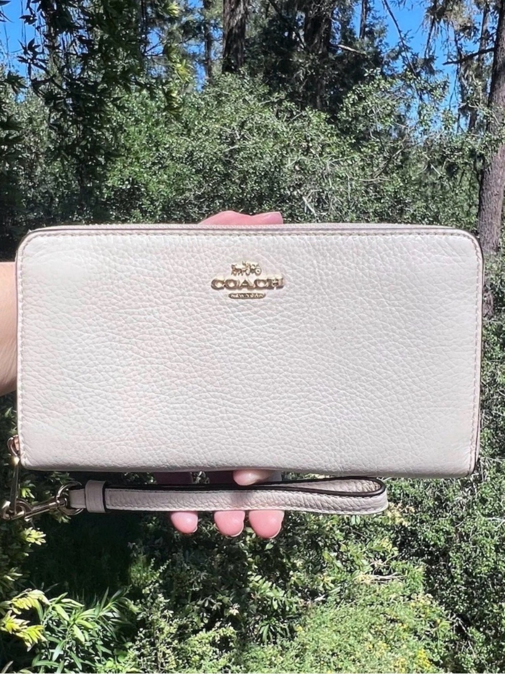 COACH Long Zip-Around Pebble Leather Wallet w Chalk White with Gold Hardware